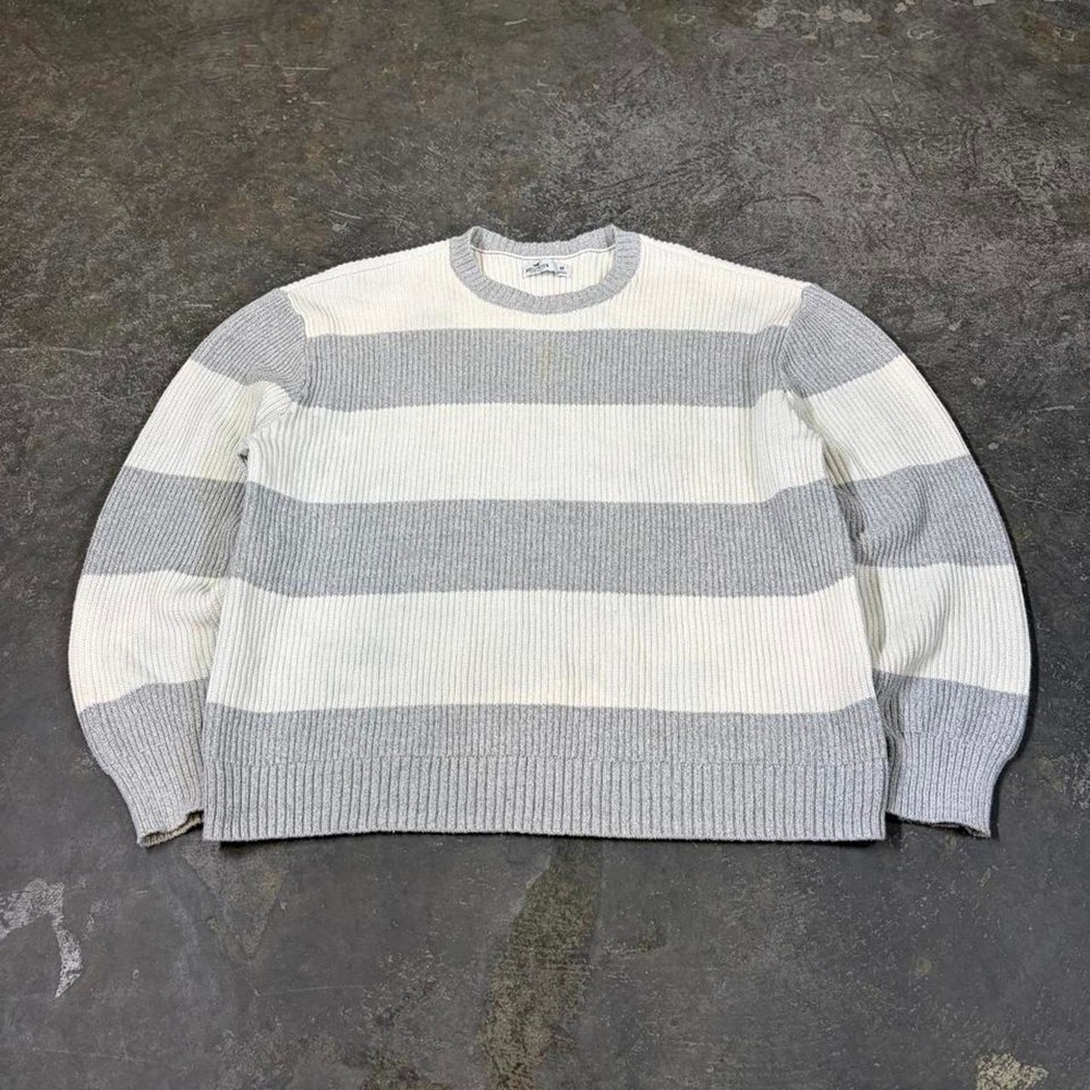 Hollister Mens Grey Striped Knit Sweater Vintage 2000s Y2K Crew Neck Medium